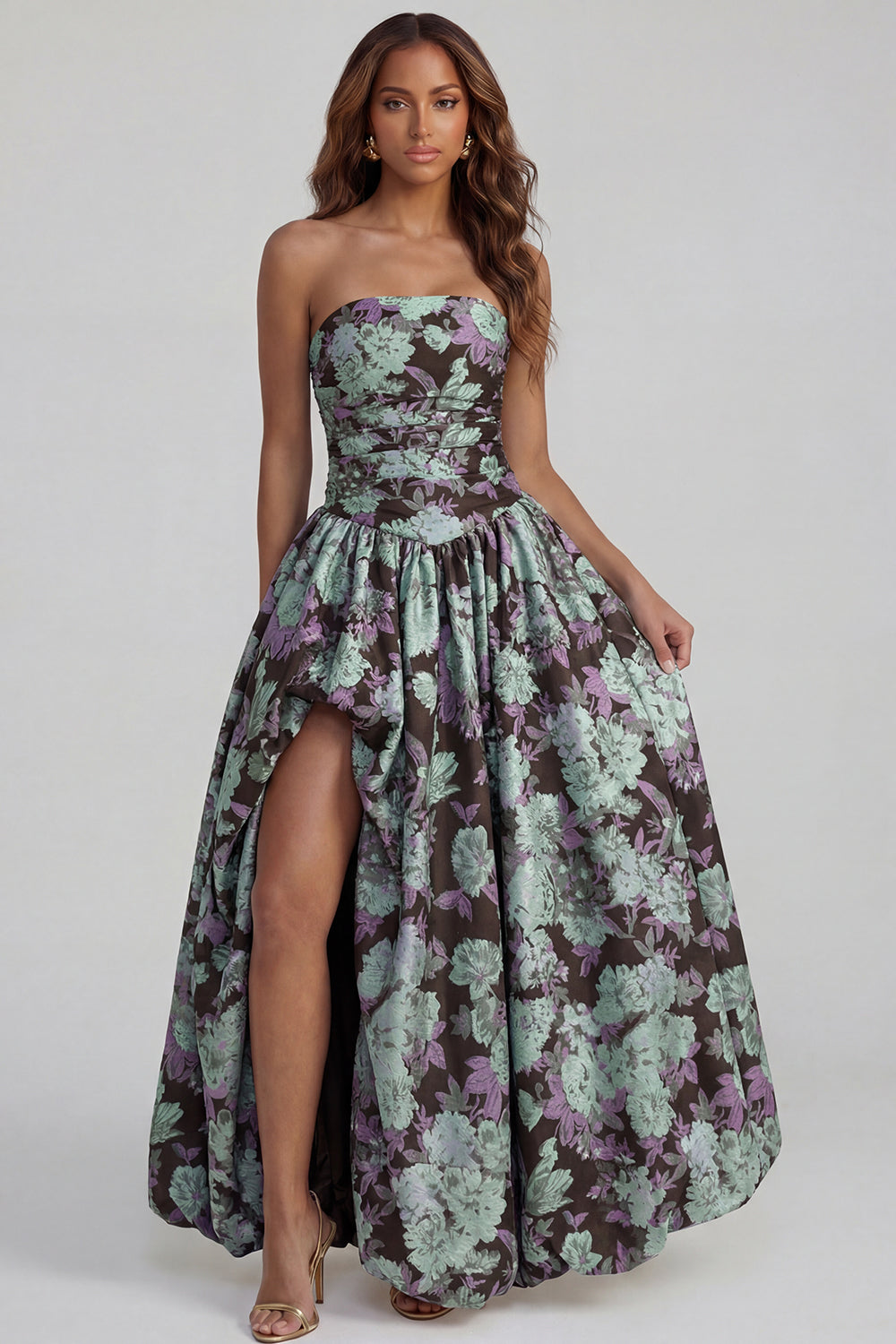 Blue Daffodil Flower Printed A-Line Strapless Midi Dress with Slit