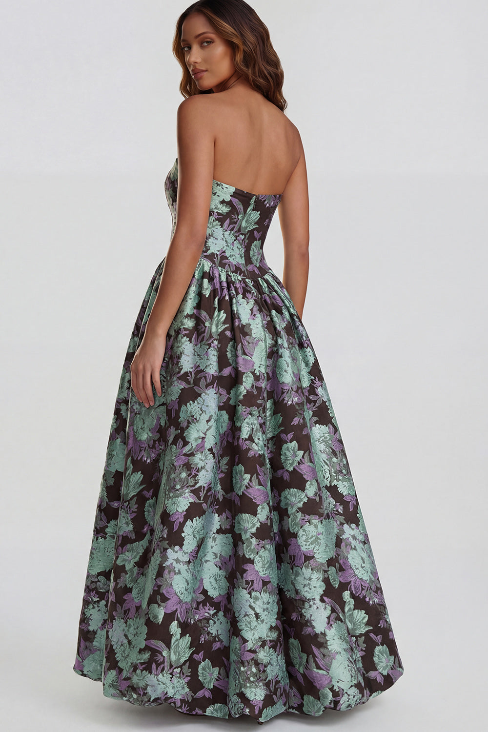 Blue Daffodil Flower Printed A-Line Strapless Midi Dress with Slit