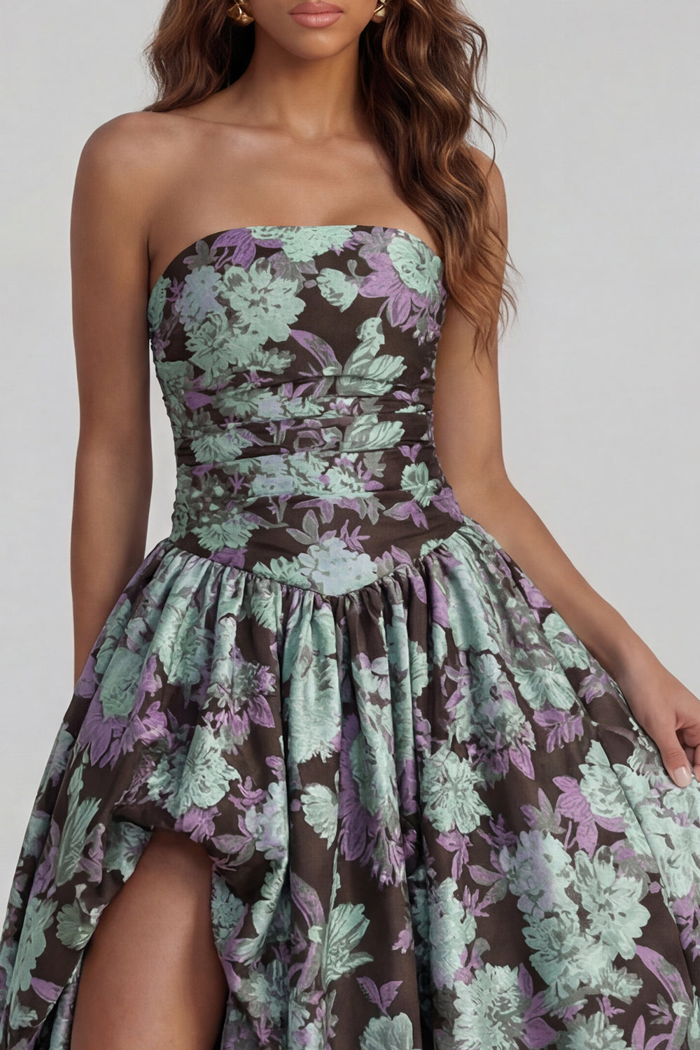 Blue Daffodil Flower Printed A-Line Strapless Midi Dress with Slit
