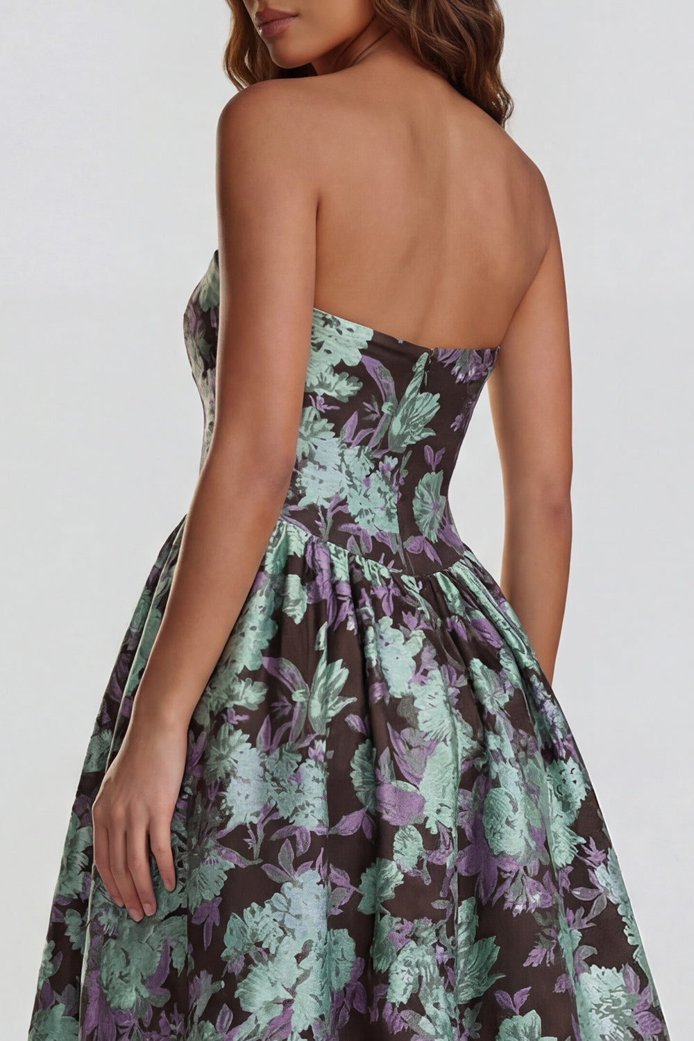 Blue Daffodil Flower Printed A-Line Strapless Midi Dress with Slit