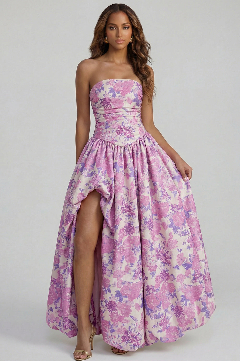 Blue Daffodil Flower Printed A-Line Strapless Midi Dress with Slit