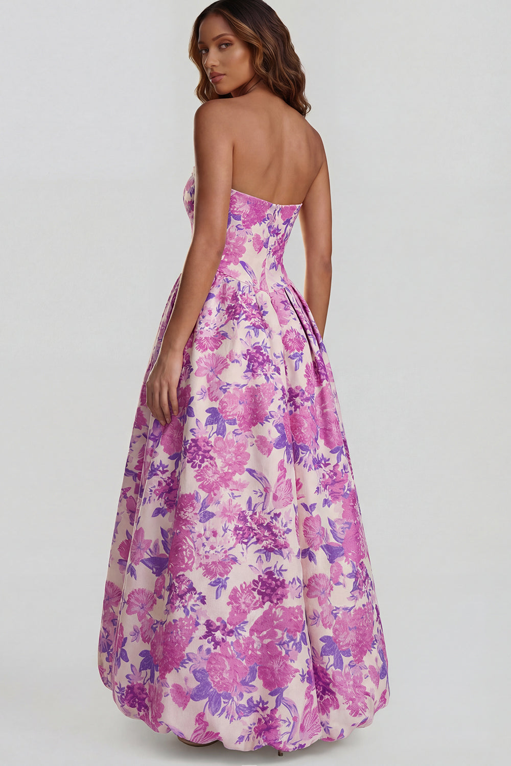 Blue Daffodil Flower Printed A-Line Strapless Midi Dress with Slit