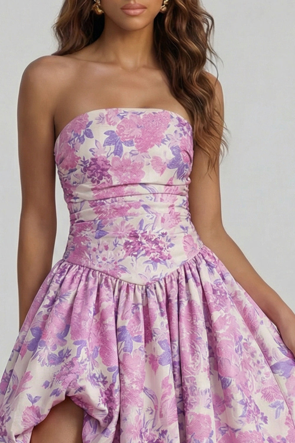 Blue Daffodil Flower Printed A-Line Strapless Midi Dress with Slit