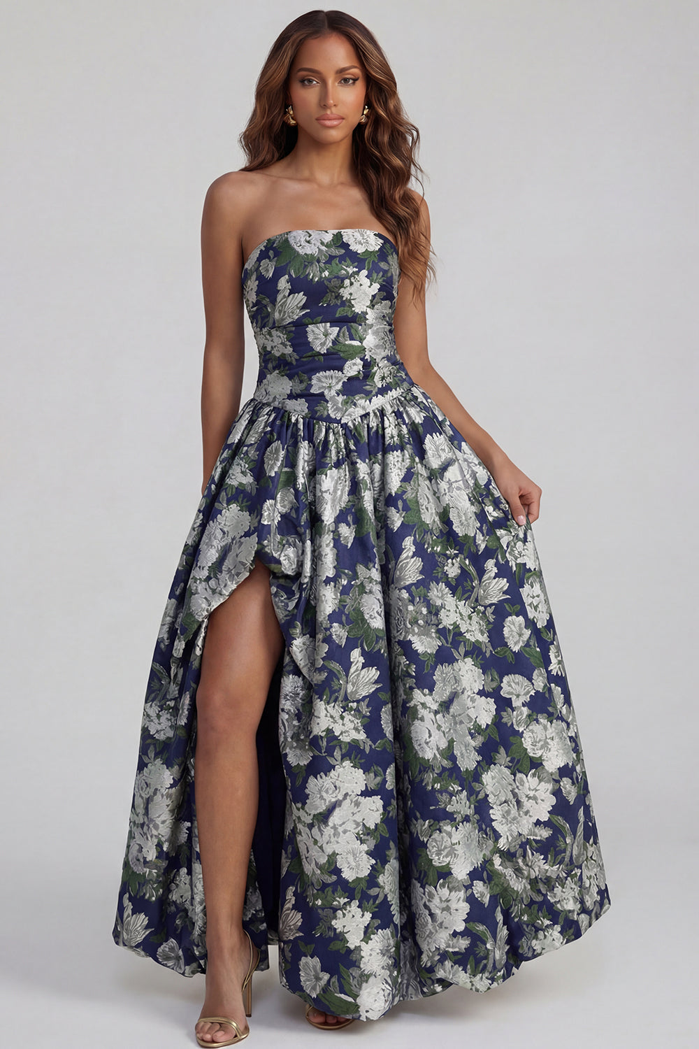 Blue Daffodil Flower Printed A-Line Strapless Midi Dress with Slit