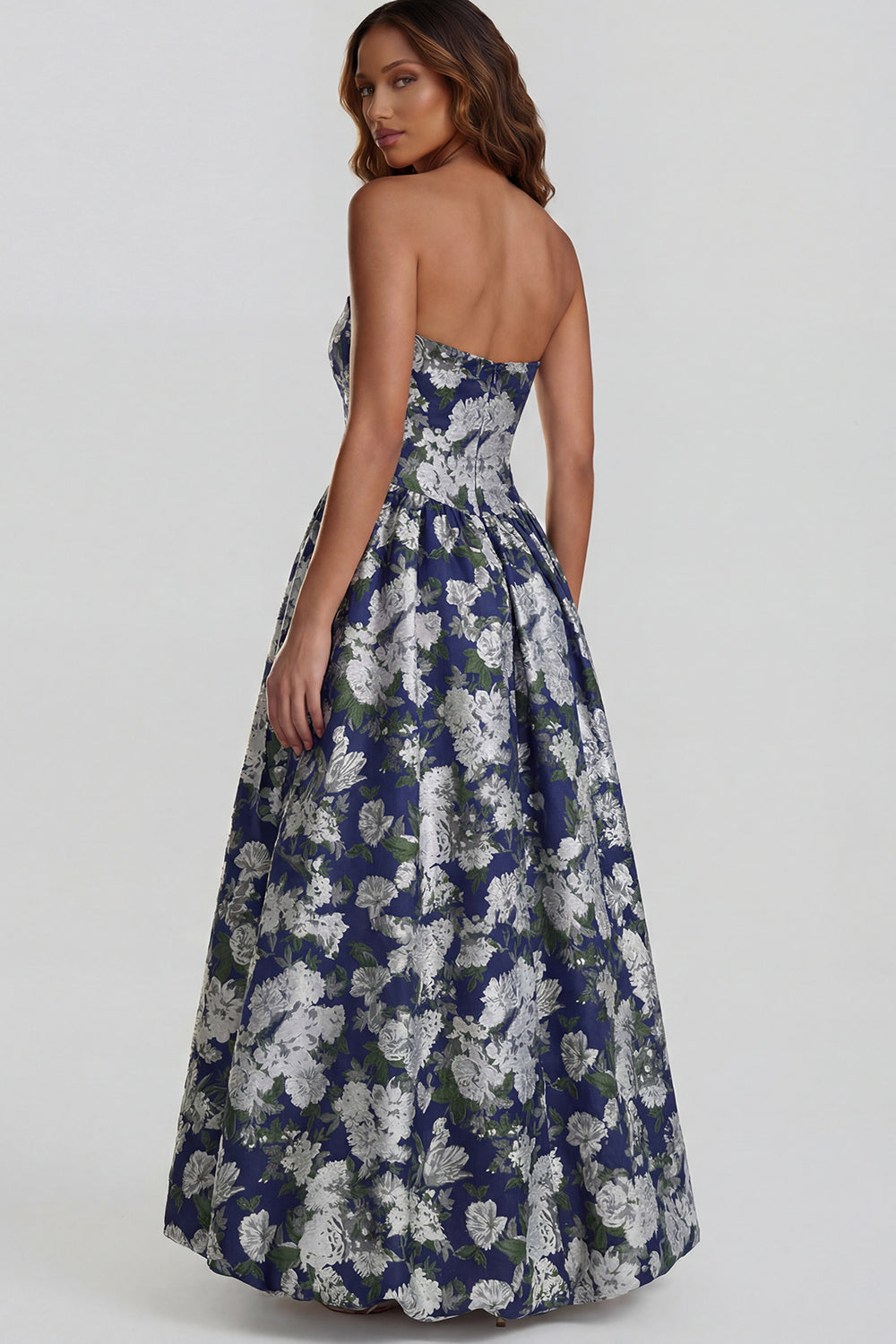 Blue Daffodil Flower Printed A-Line Strapless Midi Dress with Slit