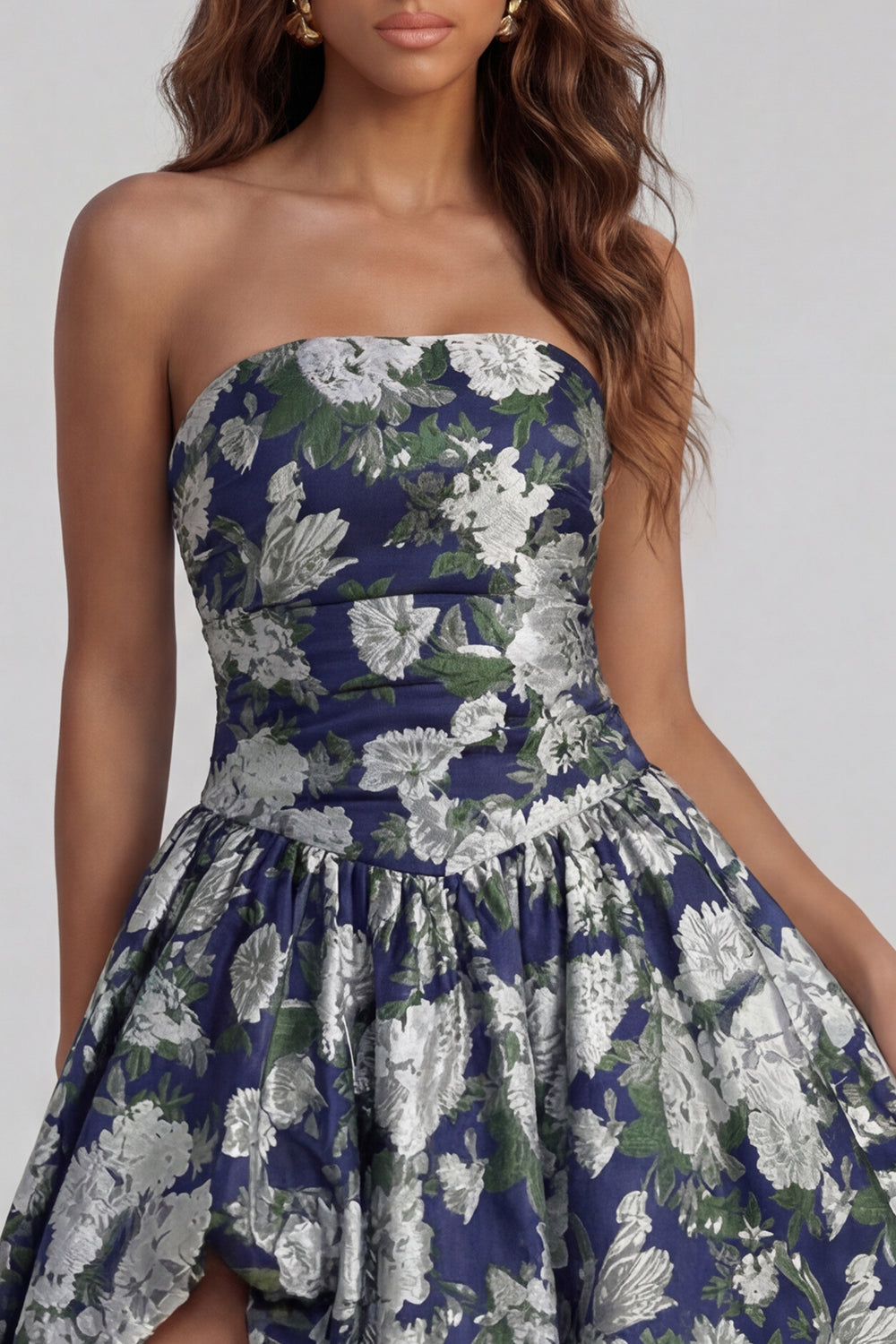 Blue Daffodil Flower Printed A-Line Strapless Midi Dress with Slit