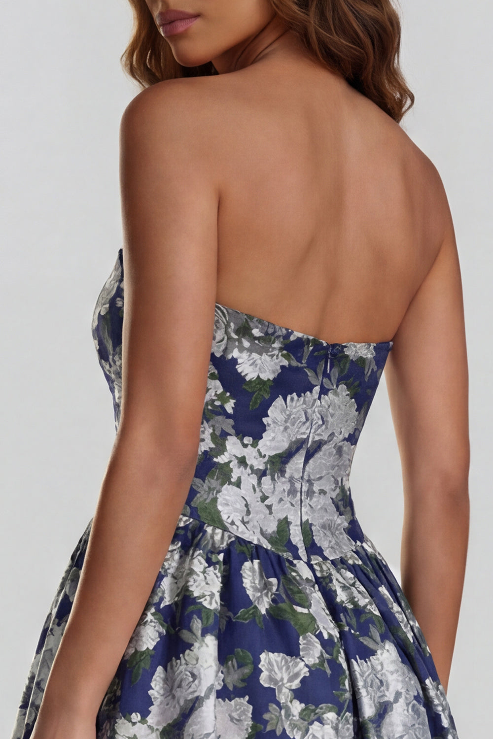 Blue Daffodil Flower Printed A-Line Strapless Midi Dress with Slit