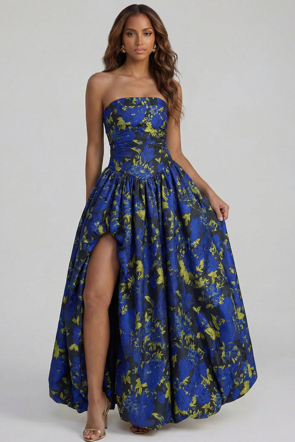 Blue Daffodil Flower Printed A-Line Strapless Midi Dress with Slit