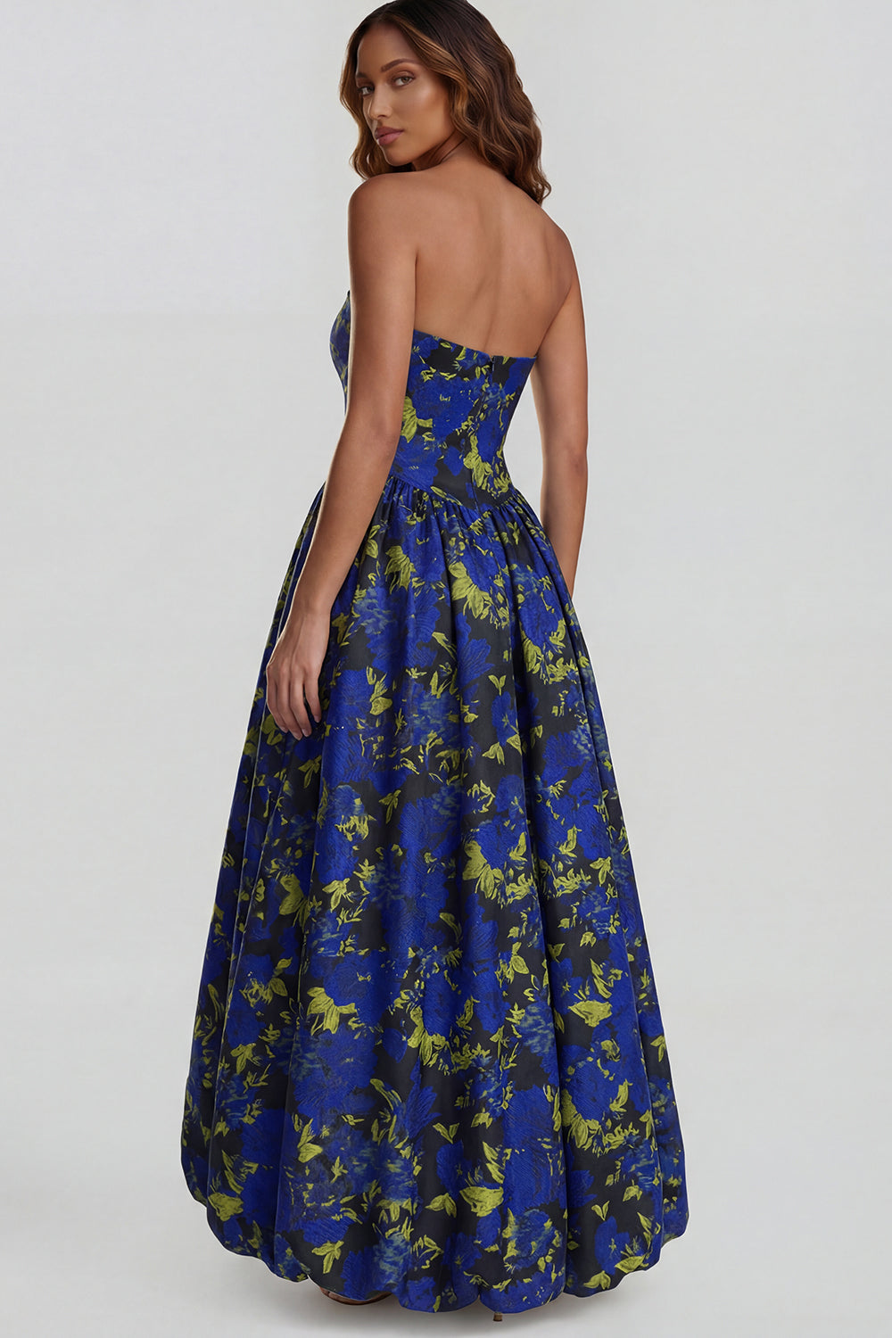 Blue Daffodil Flower Printed A-Line Strapless Midi Dress with Slit