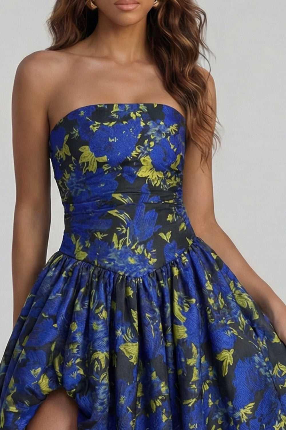 Blue Daffodil Flower Printed A-Line Strapless Midi Dress with Slit