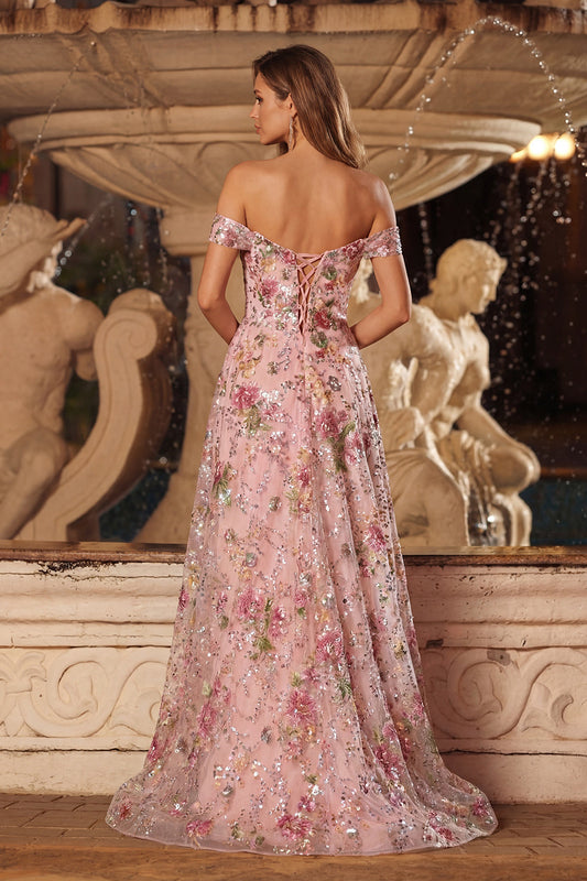 Pink Floral A-Line Off The Shoulder Sequin Long Prom Dress with Slit