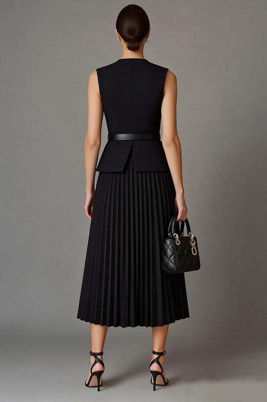 Black Pleated A-Line Two-Piece Round Neck Midi Work Dress