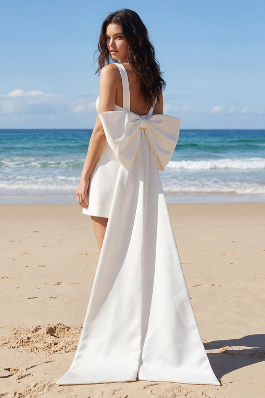 Square Neck Ivory Bodycon Mini Graduation Dress with Large Bow
