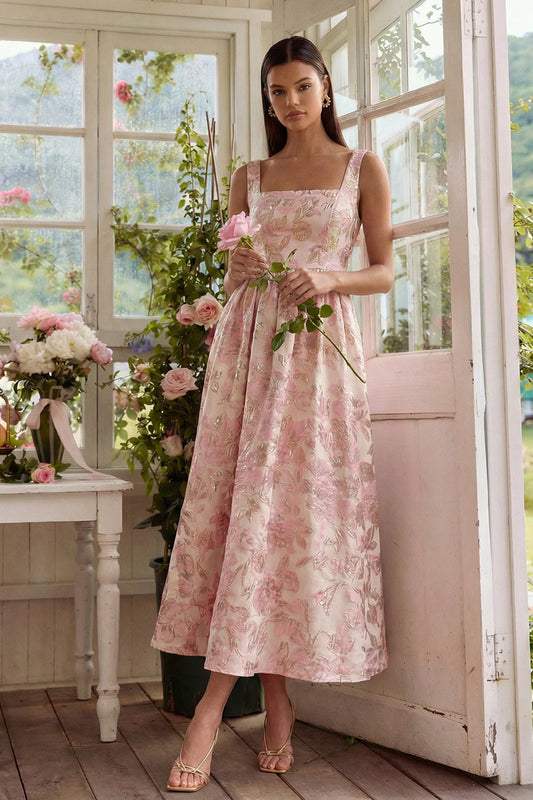 Blush Jacquard A Line Square Neck Midi Dress with Lace Up Back