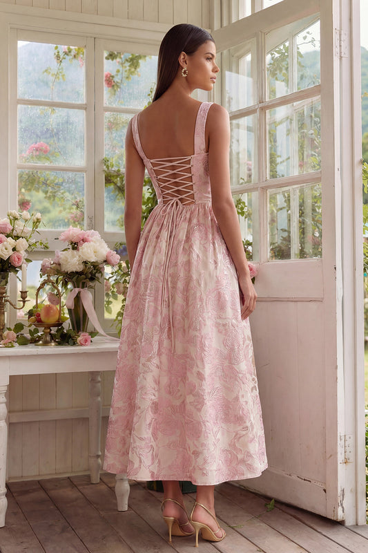 Blush Jacquard A Line Square Neck Midi Dress with Lace Up Back