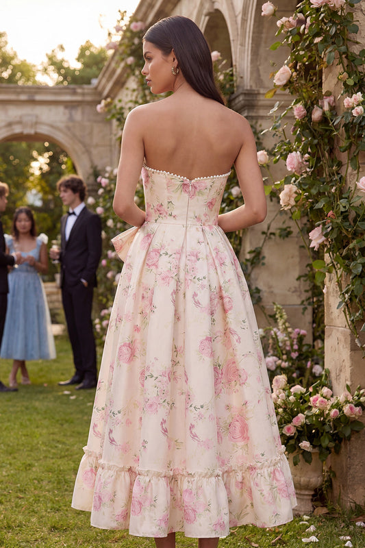 Pink White Flower A-Line Printed Strapless Midi Dress with Bow