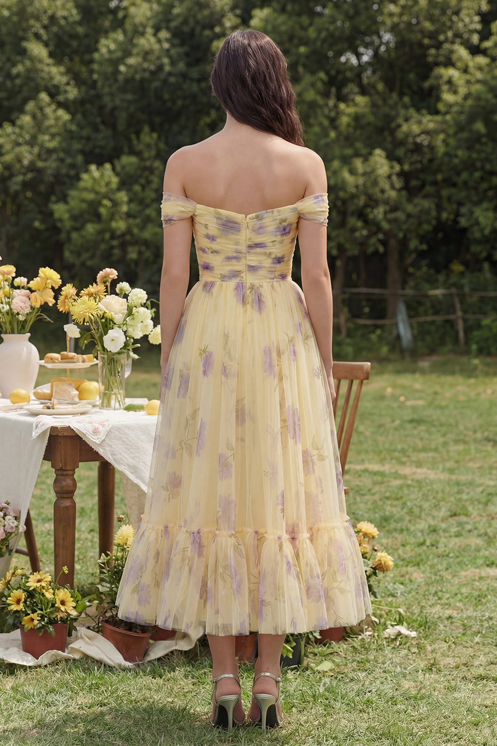 Yellow Flower A-Line Off-the-Shoulder Midi Dress with Ruffles