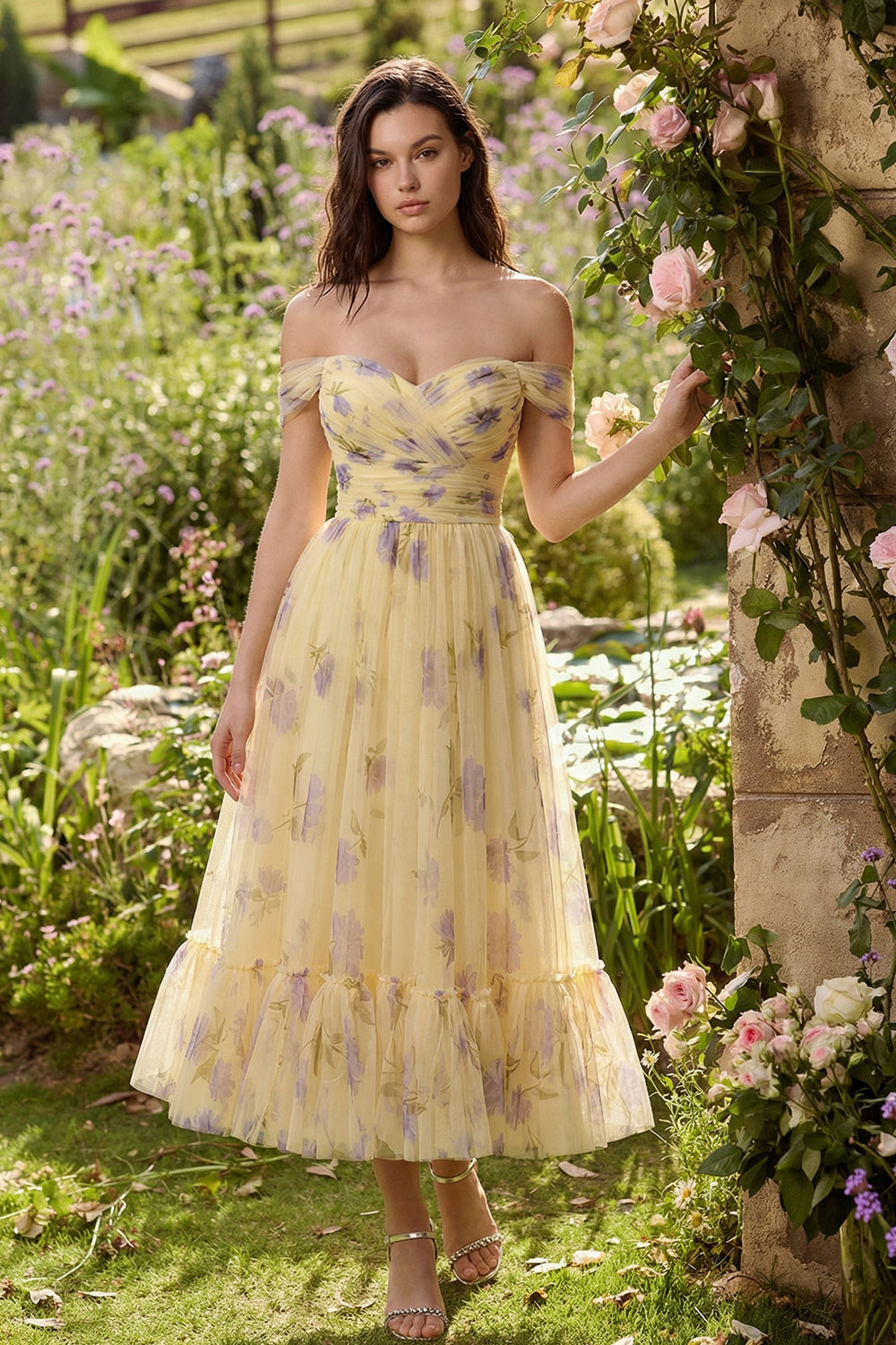 Yellow Flower A-Line Off-the-Shoulder Midi Dress with Ruffles