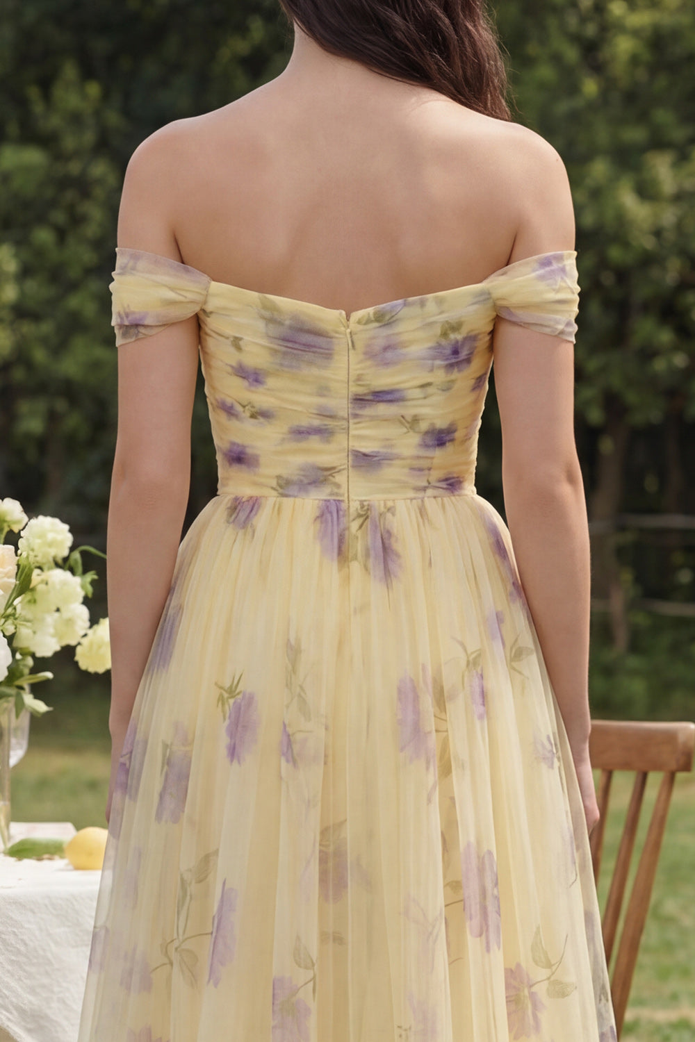 Yellow Flower A-Line Off-the-Shoulder Midi Dress with Ruffles