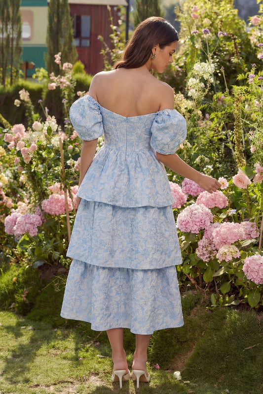 Blue Jacquard A-Line Off-the-Shoulder Tiered Midi Dress