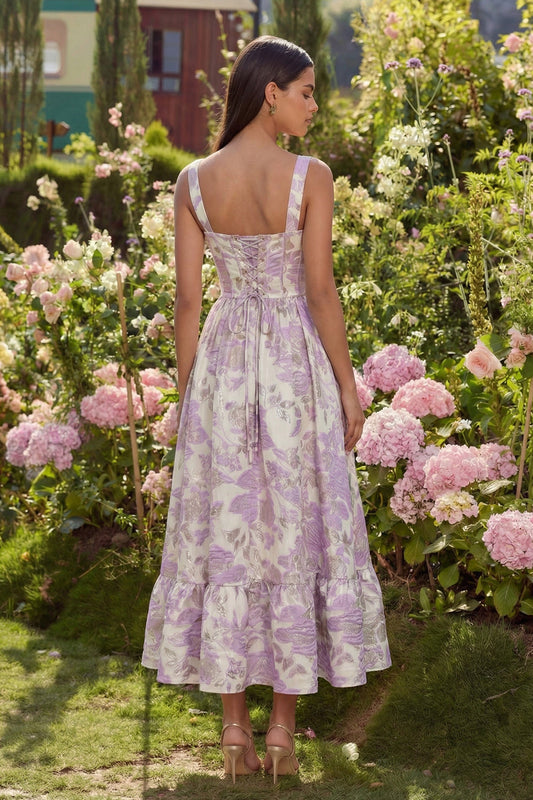 Robe mi-longue évasée corset à fleurs en jacquard violet