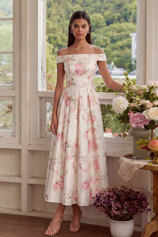 Pink White Flower A-Line Off-the-Shoulder Midi Dress