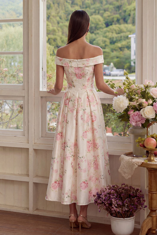 Pink White Flower A-Line Off-the-Shoulder Midi Dress