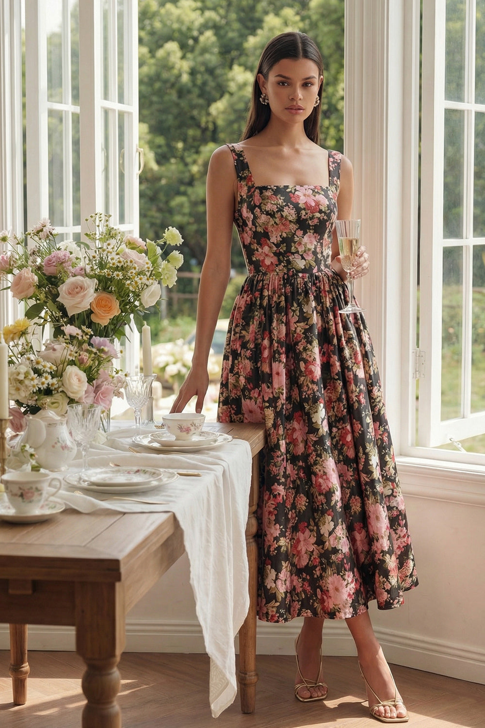 Black Pink Flower Square Neck A-Line Midi Dress