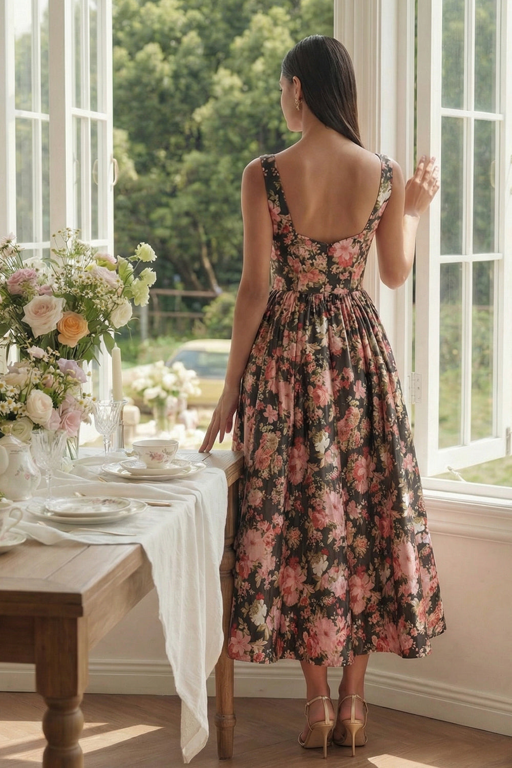 Black Pink Flower Square Neck A-Line Midi Dress