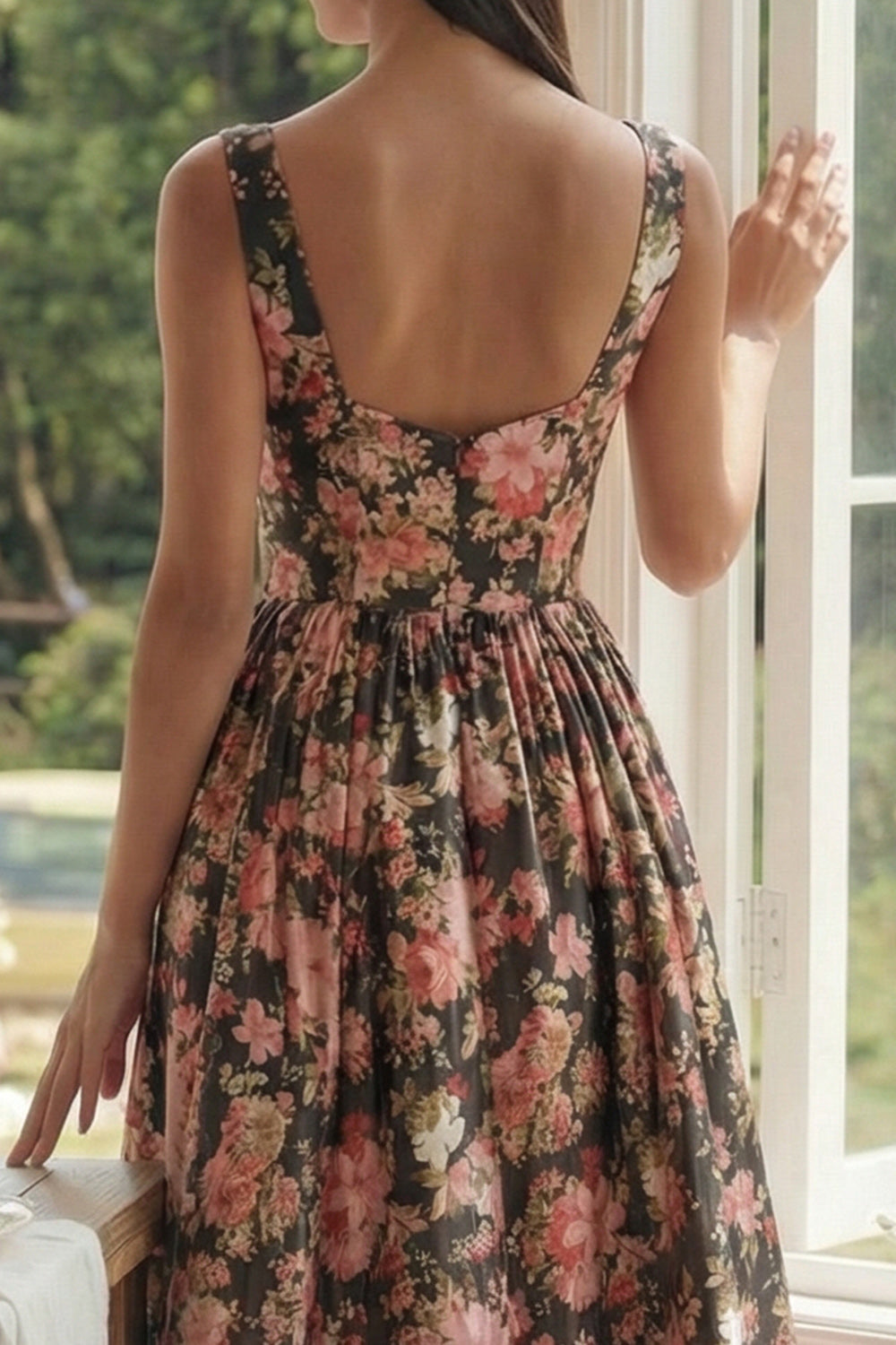 Black Pink Flower Square Neck A-Line Midi Dress