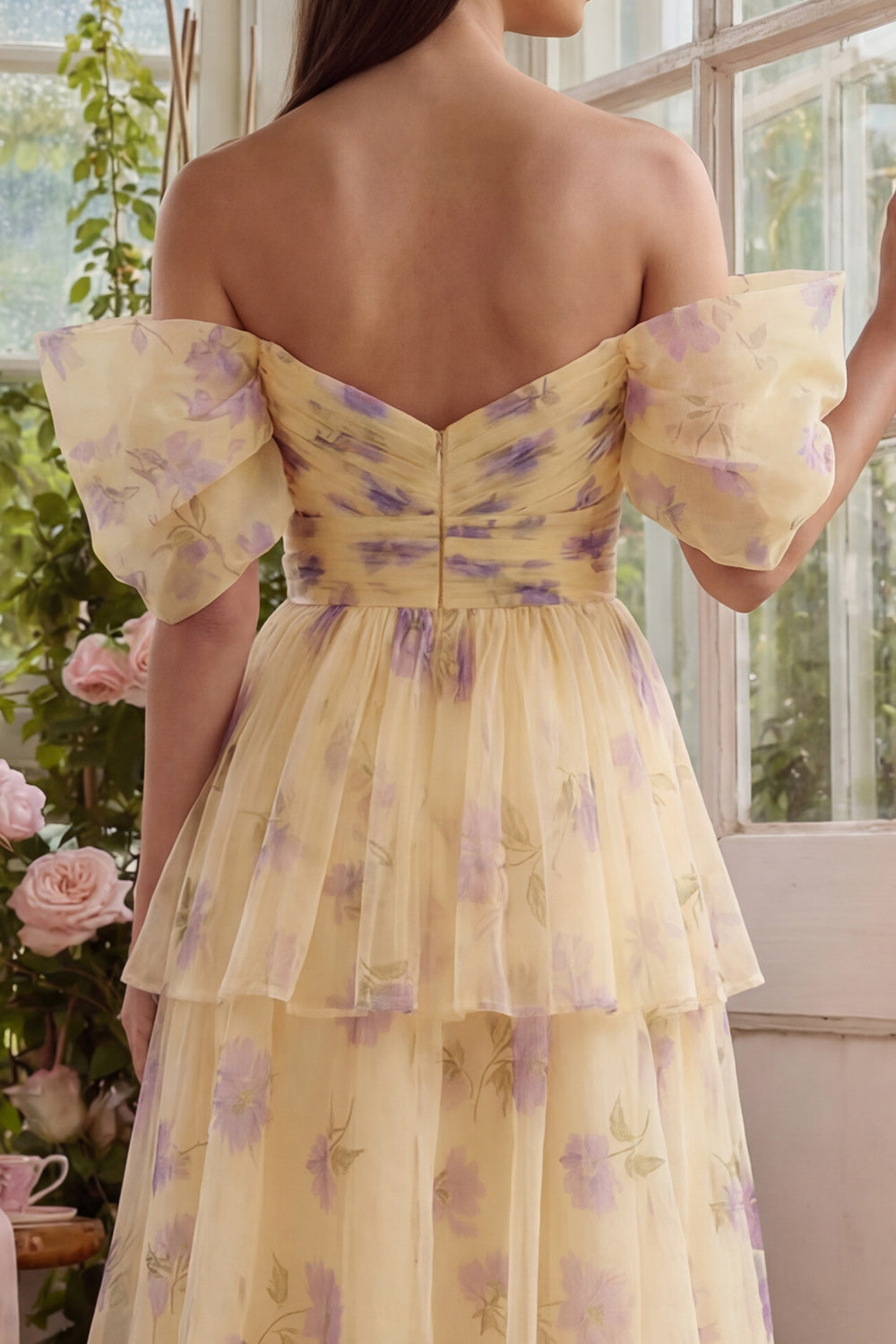 Yellow Flower A-Line Tulle Tiered Off the Shoulder Midi Dress