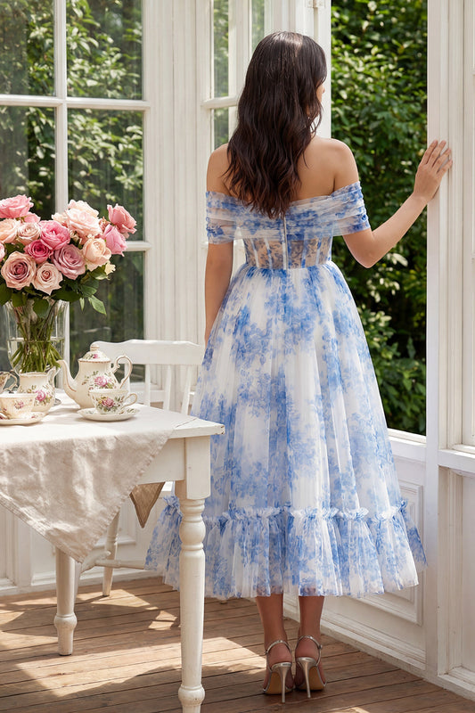 White Blue Flower Corset A-Line Tulle Off the Shoulder Midi Dress
