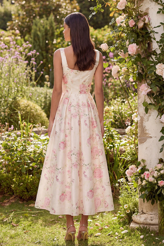 Pink White Flower A-Line Square Neck Midi Dress with Bowknot