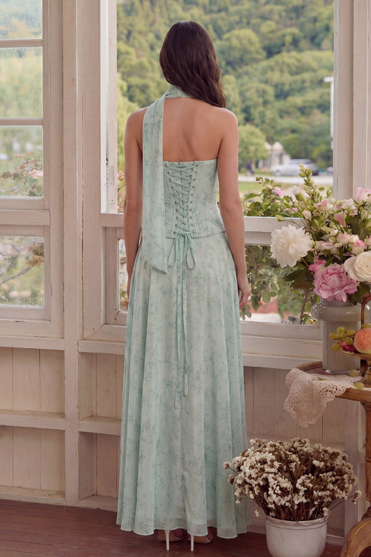 Dusty Sage Chiffon A-Line Corset Strapless Midi Dress