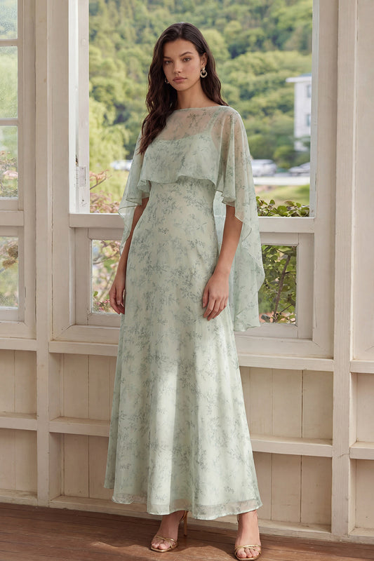 Dusty Sage Printed Chiffon A-Line 2-Piece Midi Dress