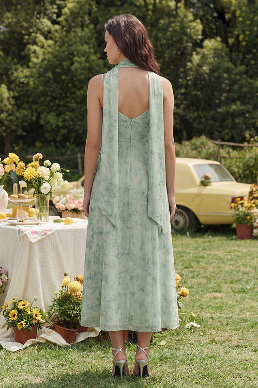 Dusty Sage Printed Chiffon Spaghetti Straps A-Line Midi Dress