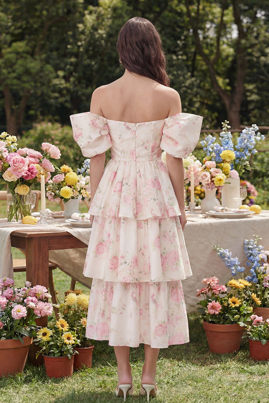 Pink White Flower Tiered A-Line Off the Shoulder Midi Dress