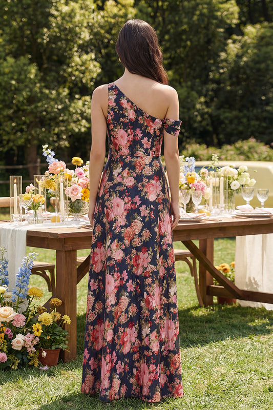Black Pink Flower A-Line One-Shoulder Midi Satin Dress