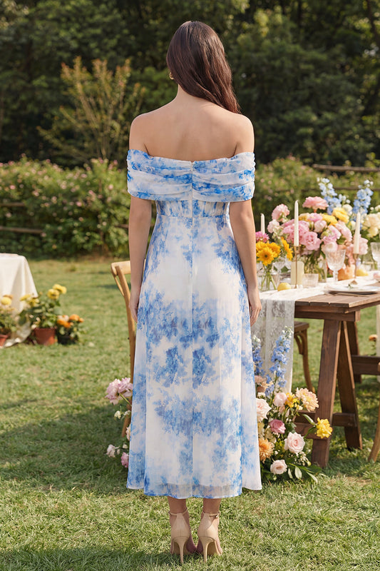 White Blue Flower A-Line Tulle Off-the-Shoulder Corset Midi Dress with Slit