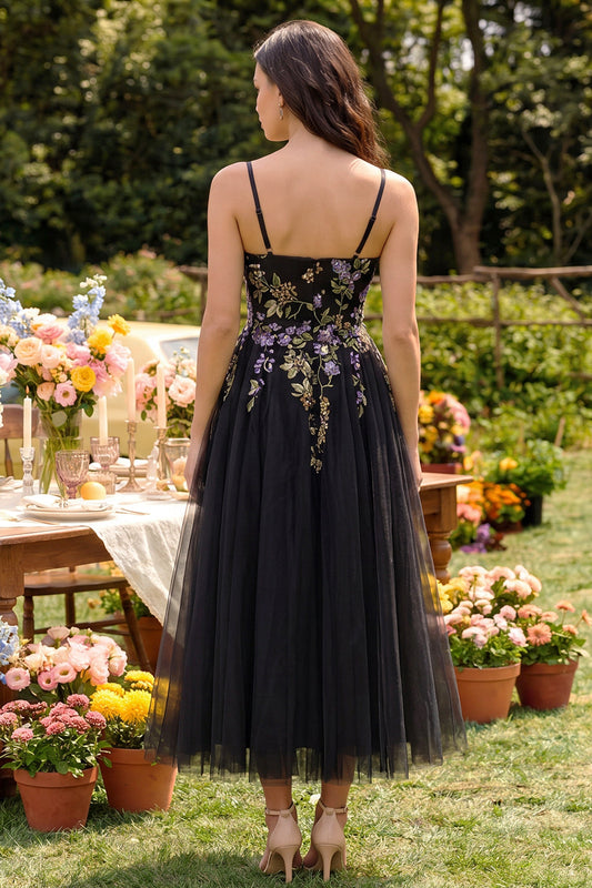 Black Appliqued A-Line Tulle Spaghetti Straps Midi Dress