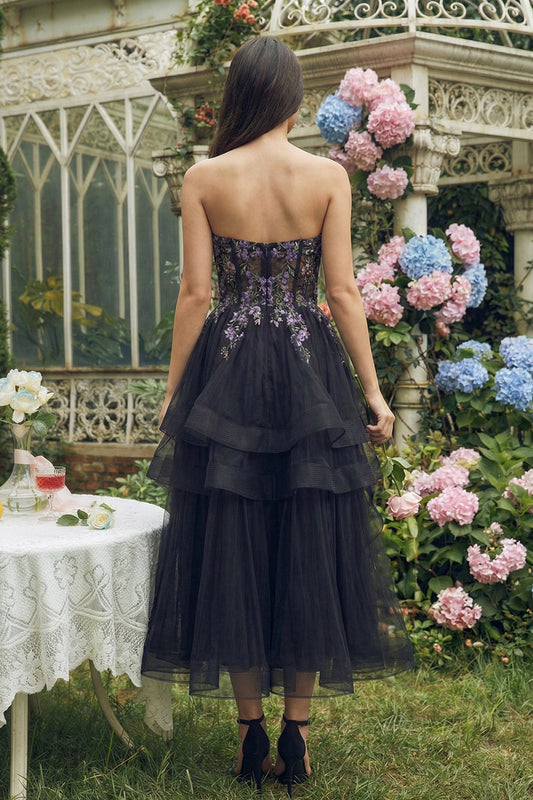 Black Strapless Appliqued A-Line Organza Midi Dress