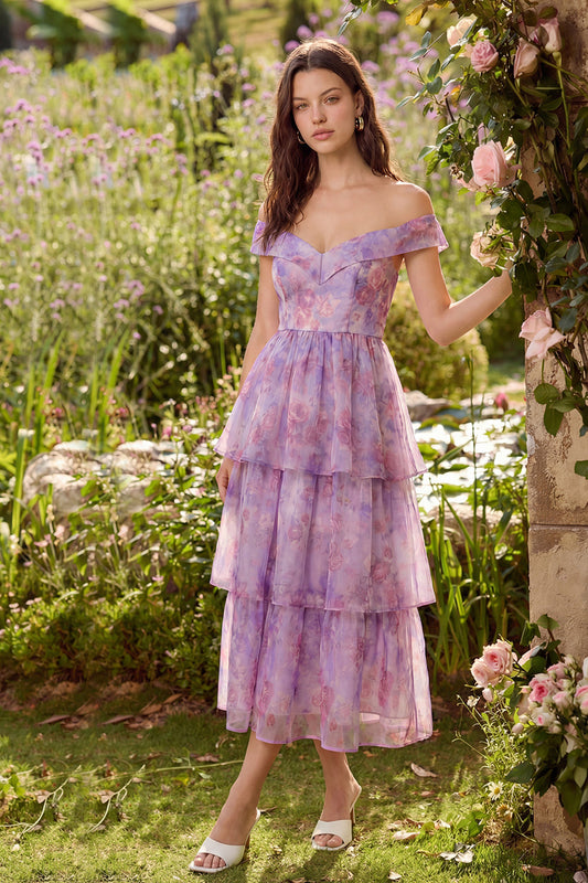 Robe midi en tulle étagée ligne A violette à épaules dénudées