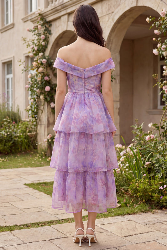 Robe midi en tulle étagée ligne A violette à épaules dénudées