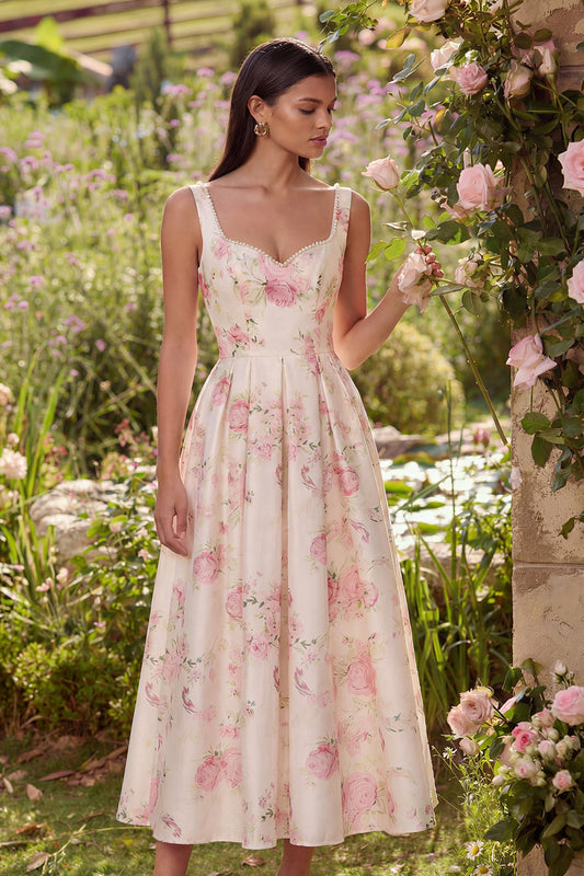 Pink A-Line Backless Floral Print Satin Midi Dress with Bow