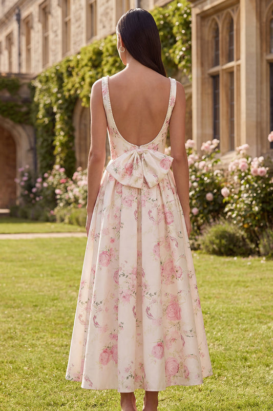 Pink A-Line Backless Floral Print Satin Midi Dress with Bow