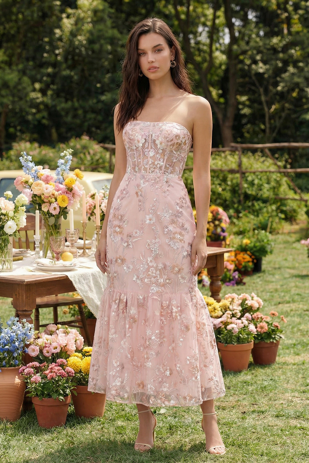 Pink Appliqued Strapless Mermaid Corset Midi Dress