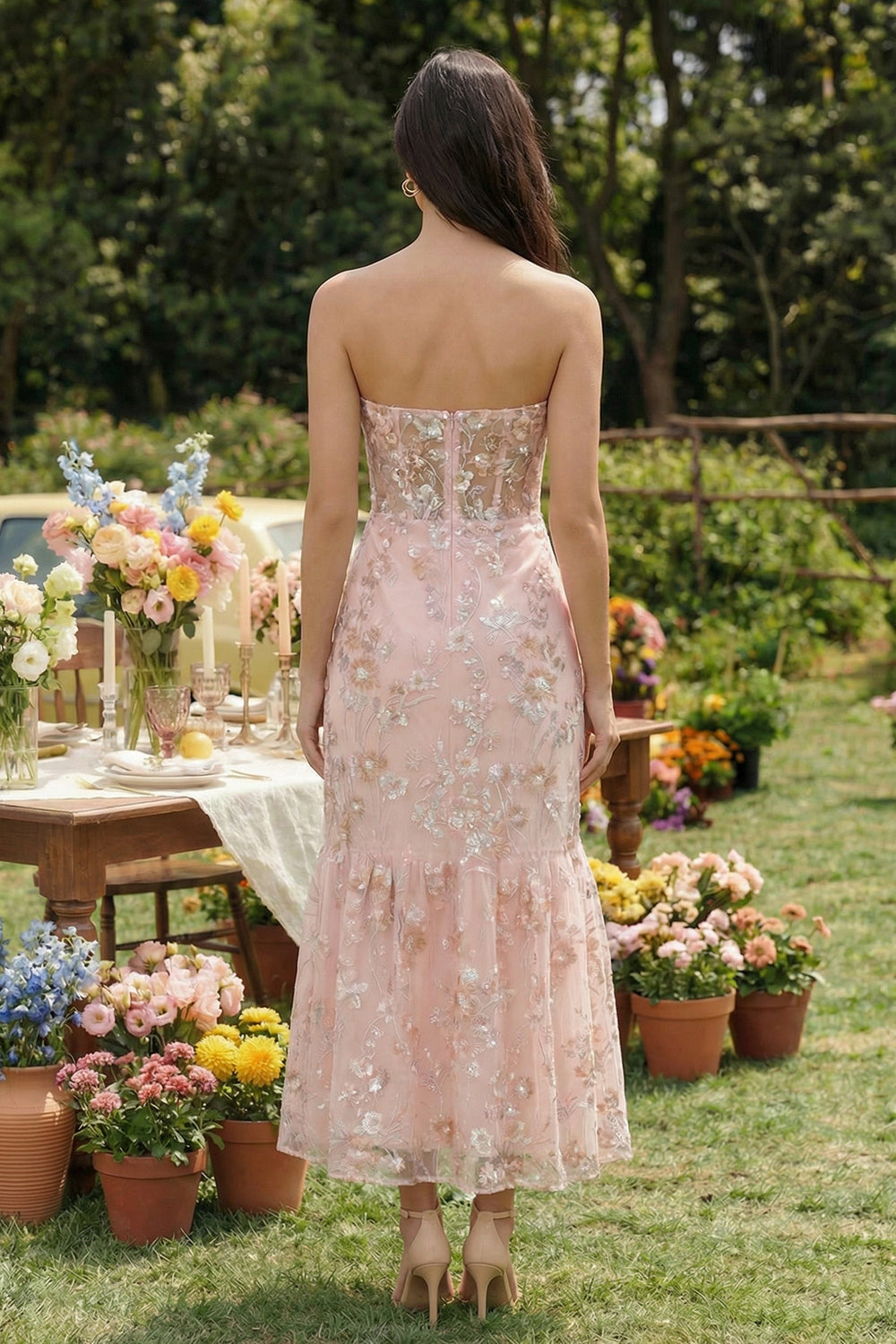 Pink Appliqued Strapless Mermaid Corset Midi Dress