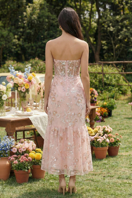 Pink Appliqued Strapless Mermaid Corset Midi Dress