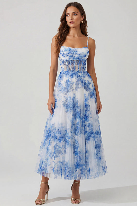 Vestido Midi de Corsé con Tirantes Finos y Falda de Tul con Estampado Floral Azul y Blanco