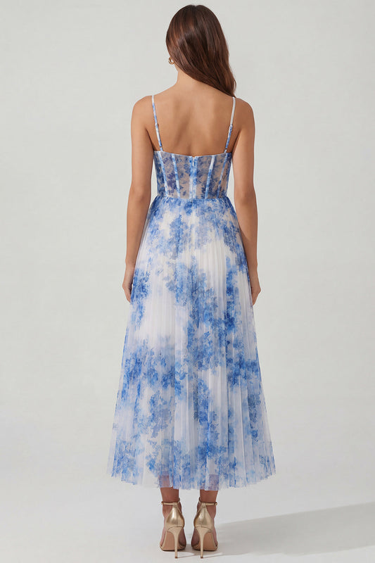 Vestido Midi de Corsé con Tirantes Finos y Falda de Tul con Estampado Floral Azul y Blanco